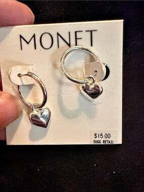 Monet Heart Charm Hoop Earrings in Silver NWT